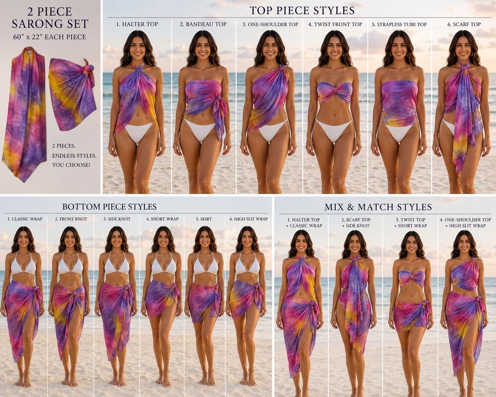 Hawaii Wrap Sarong Lot Bundle 2 Vintage Cover Up 2 Piece Purple Yellow Pink